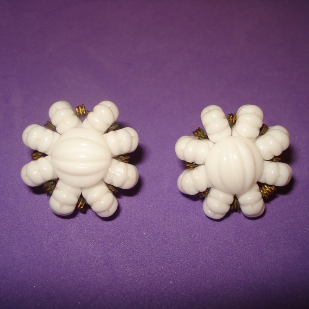 Vintage Milk Glass Beaded Clip Earrings Western Germany